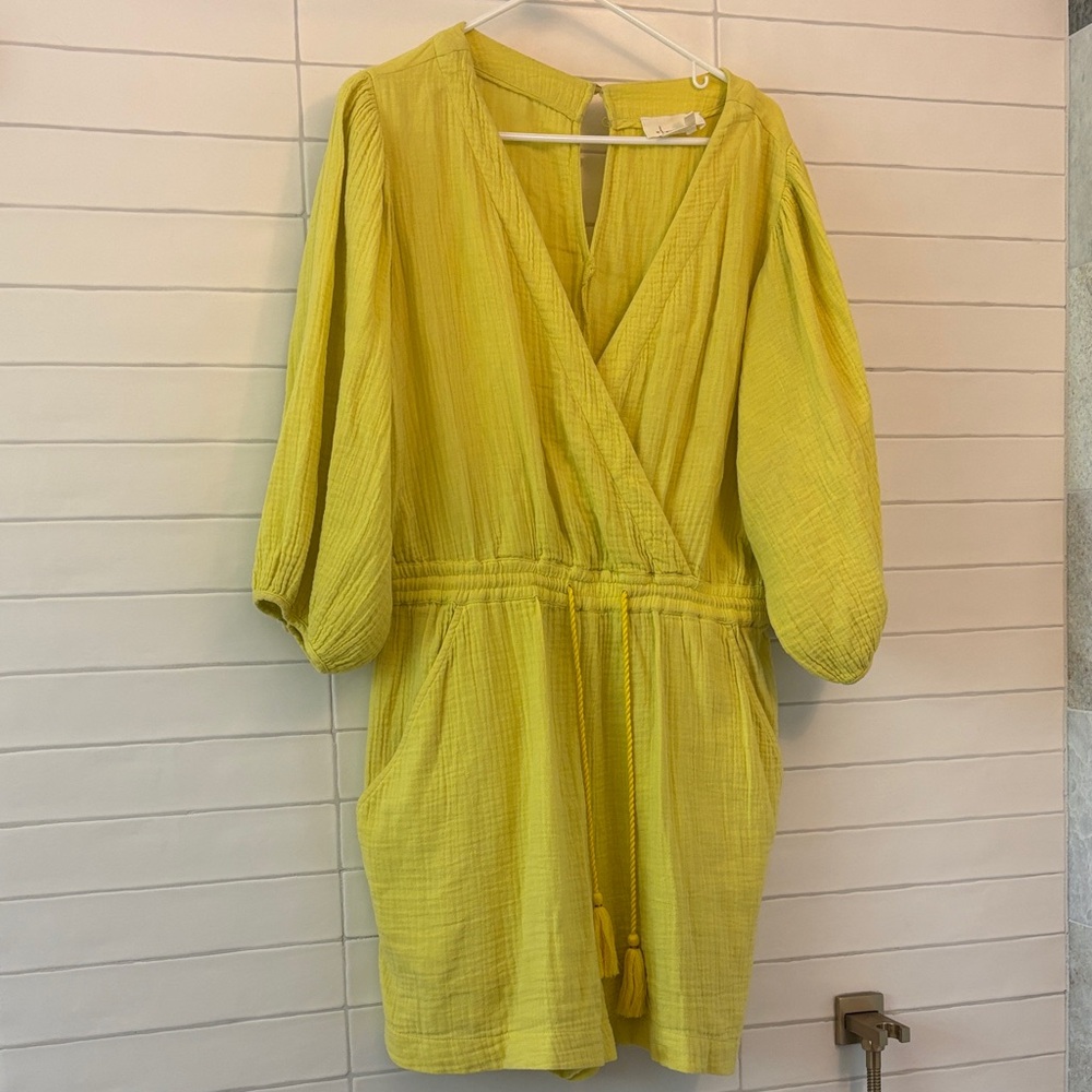 Anthropologie Yellow Textured V-Neck shorts jumpsuit with Tassel Tie